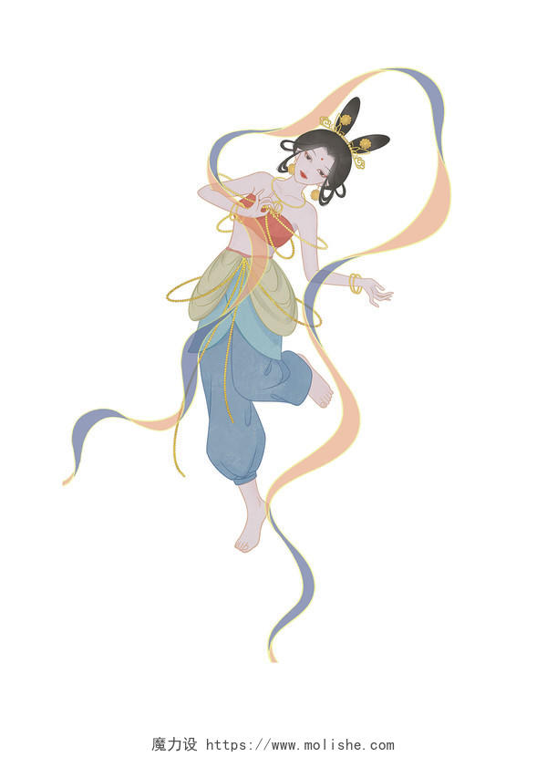 彩色手绘卡通国潮中国风古风敦煌飞天美女人物元素PNG素材